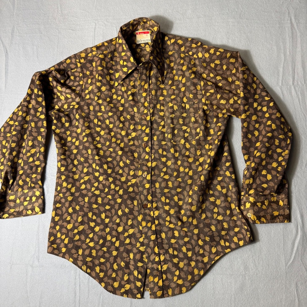 Vintage Zayre Mens 70s Disco Shirt Brown Yellow Leaf Print Crepe De Chine L